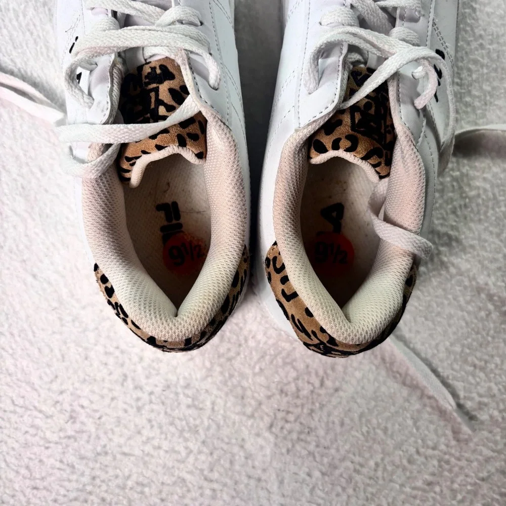 FILA Platform Sneakers Womens 9.5 White Leopard Print Heel Lace Up Casual Shoes